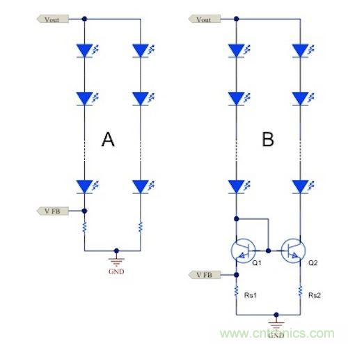 電流鏡 (B) 可針對簡單電阻器電流調節 (A) 提供各種優勢。
