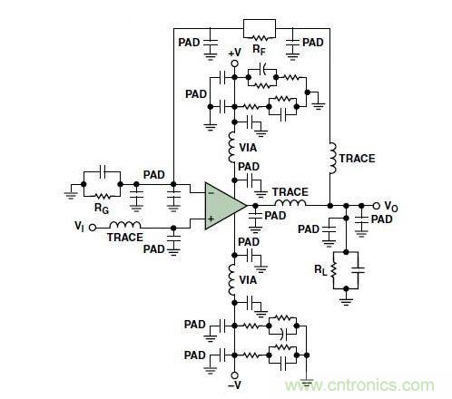 典型的運(yùn)算放大器電路，(a)原設(shè)計(jì)圖，(b)考慮寄生效應(yīng)后的圖