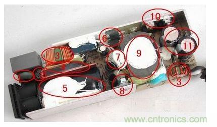電源適配器的構造  6 1. 壓敏電阻，其功能是當外界電壓過高時，壓敏電阻阻值迅速變得很小，與壓敏電阻串聯的保險絲被熔斷，從而保護其他電路不被燒壞。  2. 保險絲，規格為2.5A/250V，當電路中的電流過大時，保險絲會熔斷以保護其他元件。  3. 電感線圈(又稱扼流圈)，主要功能是降低電磁干擾。  4. 整流橋，規格為D3SB，作用是把220V交流電變為直流電。  5. 濾波電容，規格為180μF/400V，作用是濾除直流電中的交流紋波，使電路工作更可靠。  6. 運放IC(集成電路)，保護電路、電壓調節的重要組成部分。  7. 溫度探頭，用于探測電源適配器的內部溫度，當溫度高于某一設定值時(不同品牌的電源適配器，其設定的溫度閥值略有不同)，保護電路會切斷適配器的電壓輸出，從而保護適配器不受損壞。   8. 大功率開關管，是開關電源中的核心元件之一，開關電源能“一開一關”地工作，開關管功不可沒。   9. 開關變壓器，開關電源中的核心元件之一。   10. 次級整流管，功能是把低壓交流電變為低壓直流電。在IBM的電源適配器中，整流管往往是由兩個大功率并聯工作的，以獲得較大的電流輸出。   11. 次級濾波電容，規格為820μF/ 25V，共有兩個，起濾除低壓直流電中的紋波的作用。  除上述元件外，電路板上還有可調電位器及其他阻容元件。
