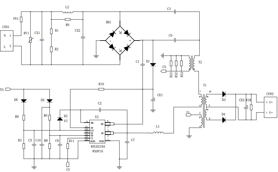 一、LED驅動模塊RSC6218A REASUNOS(瑞森半導體)通過持續投入研發，提升LLC應用技術，集成控制芯片與功率轉換，成功推出新一代產品RSC6218A WSOP-16，延續瑞森LLC拓撲方案，時機趨勢完全迎合我國雙碳政策，電氣特性契合新版國標GB/T 17625.1-2022和歐盟新版ERP認證EU2019/2020雙重法規，專為中小功率的產品提供優秀的方案；接下來會分幾個篇章持續介紹新方案產品的應用資料和設計實例分享：  RSC6218A功率模塊內部集成CS-CP-LLC電源半橋模塊和功率轉換模塊，延續瑞森主題設計方向單級實現高PF無頻閃技術和LLC諧振軟開關技術方案：該型號適用于5-18W功率段；具備高轉換效率(90%+)，高PF(>0.96)，低THD(<10%)，小型化(縮小PCB面積10-25%)，通過優化產品內部設計提升產品內部功率器件的開啟與關閉性能，避免干擾發生，最高工作頻率達200KHZ，實現WSOP-16封裝兼顧散熱與小型化；并且內部可自動設置死區時間，讓方案可靠易設計。 產品可廣泛應用于： 1.護眼系列燈具：如教室燈、辦公燈、護眼臺燈、壁燈、閱覽室燈等； 2.家居類燈具：如客廳燈、臥室燈、兒童房燈、廚房燈、走廊燈等； 3.軌道類燈具：地鐵照明、高鐵照明、隧道照明、車站照明等； 4.商照類燈具：筒燈、射燈、投射燈、 亮化燈、防爆燈等； 方案起到提供高效，穩定，長壽命的作用。 二、產品功能框架  三、IC各PIN腳功能說明  PIN1 PGND 功率地，內部是連接低邊MOS的S端地線； PIN2  NC  PIN3  HS 半橋MOS低邊漏極PIN； PIN4  HS 半橋MOS低邊漏極PIN； PIN5  HS 半橋MOS高邊源極PIN； PIN6  HS 半橋MOS高邊源極PIN； PIN7  NC  PIN8  HO 半橋MO高邊漏極； PIN9  HO 半橋MOS高邊漏極； PIN10 HB 半橋驅動高邊電源，通過外置的一個二極管與電容組成自舉回路，為高邊 MOS 的開啟提供電平； PIN11 VIN 高壓啟動的輸入腳，最高耐壓可達DC600V，啟動電流在1.7mA，一般應用是從高壓電解處串接一個1206100K電阻引到PIN1，在整個環路還未建立起來時，是靠這個引腳的供電通過內部連接到PIN6VCC，然后把VCC電容慢慢充電到芯片的啟動電壓后，芯片開始工作。整個環路建立起來后，VIN腳內部關斷，VCC 通過外部變壓器輔助繞組供電維持正常工作； PIN12  VCC 信號電源引腳， 工作電壓范圍 8-20V，工作電流在 0.8mA，靜態工作電流是 720uA； PIN13  NC DT懸空腳； PIN14 FB  電壓反饋輸入，VFB中心值是1.2V，該引腳的功能主要是限定空載電壓的最大幅度，該芯片空載保護屬于打嗝模式，可以有效降低空載損耗，能效要求輕松符合小于0.5W的要求； PIN15  CS 電流采樣正弦波信號輸入該PIN腳是通過線路中的互感電感采樣得到全波的正弦波信號， 通過電阻轉換為電壓信號后，輸入到CS PIN腳， 內部連接到壓控振蕩器，根據輸入進來的電壓幅值大小，以及正弦波的頻率，壓控振蕩器輸出對應的方波來控制LG與HG端的MOS開關頻率，實現恒流調節控制； PIN16  AGND 信號地參考電平，主要連接 VCC，FB 對應 PIN 腳的元件地線。 四、關鍵PIN腳參數設定范圍  五、典型應用原理圖  關注瑞森半導體公眾號，接下來持續分享具體案例的設計參考文檔，攜手各伙伴們實現新版國標GB/T17625.1-2022的順利達標，為工程師縮短開發周期，讓工廠端得到滿意的產品，給客戶一個滿意的答卷，得到需要的利潤空間。